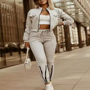 Two-piece Set Women's Solid Color Pocket Zip Up Crop Jacket & Drawstring Waist Pants, Casual Funnel Neck Long Sleeve Outerwear & High Waist Trousers for Spring & Fall, Women's Clothes for Daily Wear