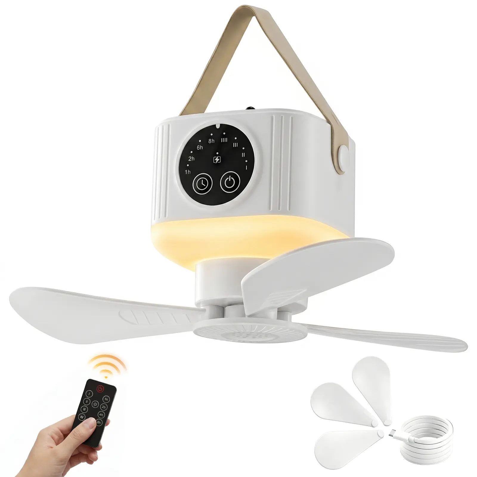 Ultra-long battery life, portable USB-rechargeable ceiling fan with night light—perfect for camping, dorm rooms, and outdoor use; long-lasting battery life, powerful airflow, tent fan, battery-powered ceiling fan with remote control