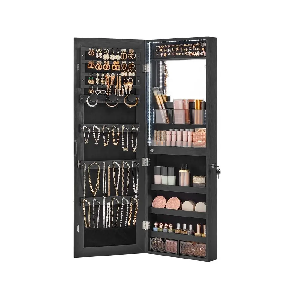 SONGMICS Jewelry Cabinet Armoire Organizer with LED Lights, Wall-Mounted Storage Cabinet with Full-Length Frameless Mirror, Built-in Makeup Mirror, 2 Drawers, Lockable