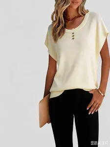 French Commute Style Small Sleeve Knitted Short Sleeve Top, Elegant Office Wear, Comfortable and Stylish, Perfect for Daily Use