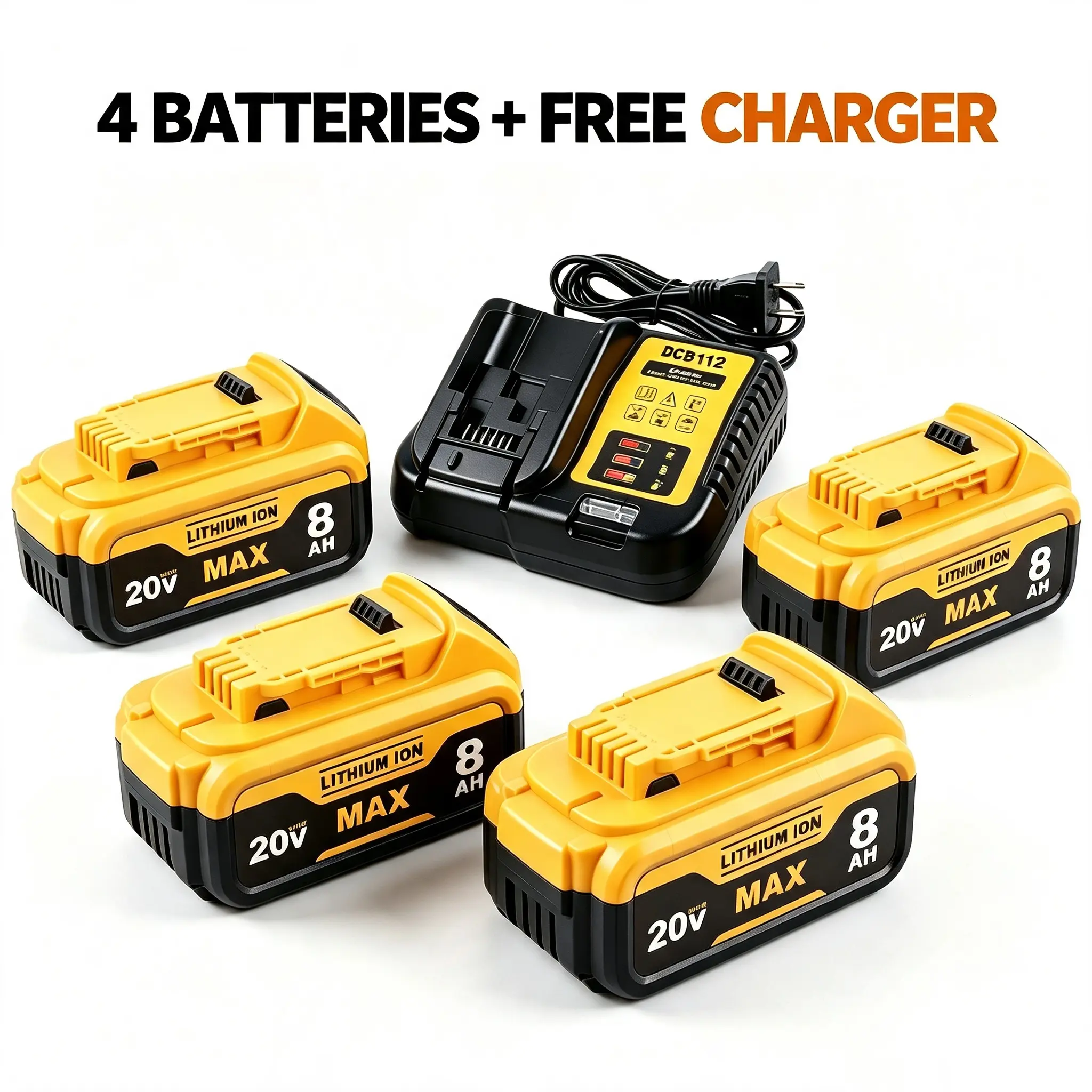 4 Pack Replacement Battery For DeWalt DCB200, 20V Max (18V) 8.0Ah Lithium-ion Battery, Buy 4 Batteries Get Free DCB112 12V-18V 2A Li-ion Charger, 110V-260V Wide Voltage