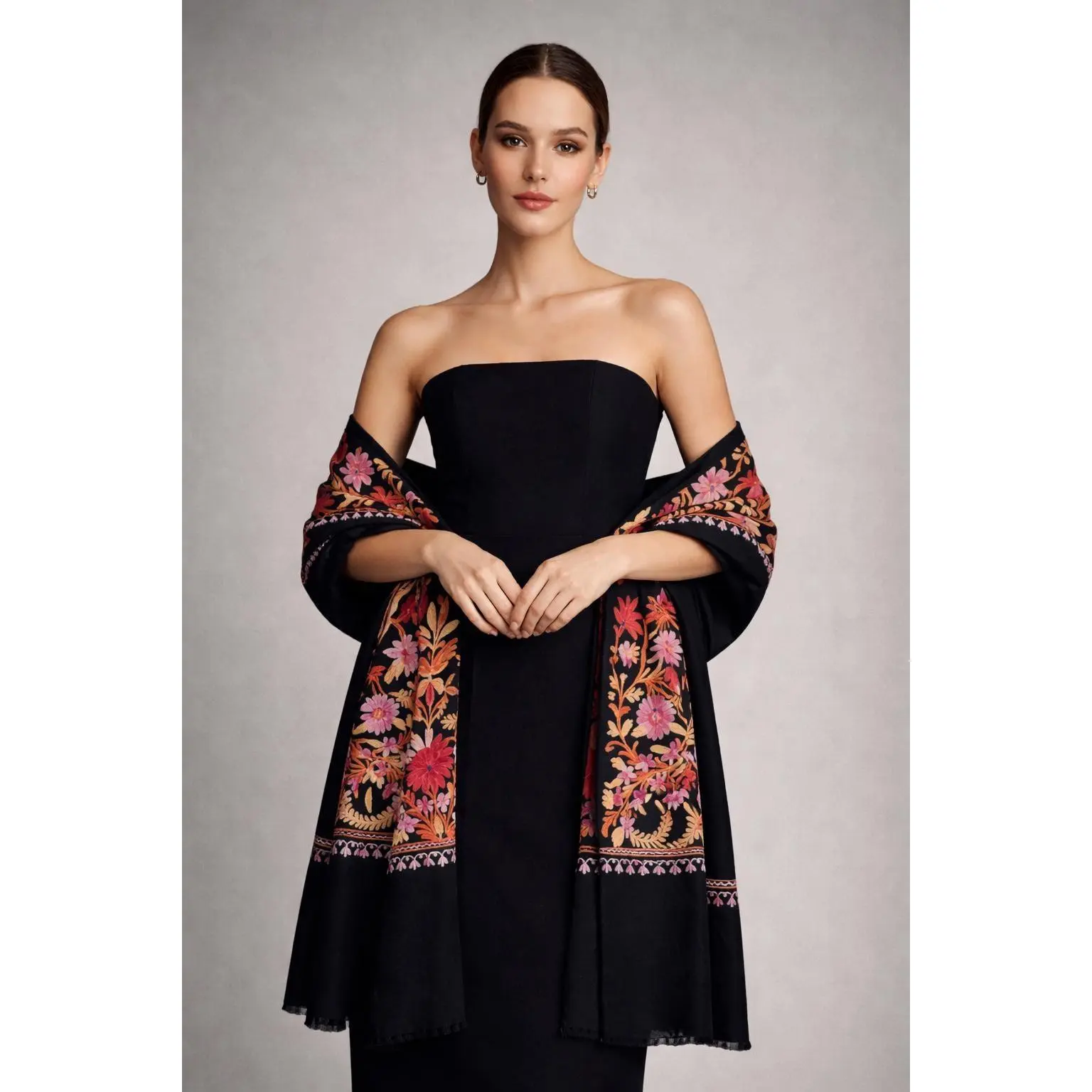 Authentic 100% Cashmere Shawl, Sunset Black, Floral Aari Embroidery, Handcrafted Kashmiri Artisan Scarf, Wedding Gift for Her