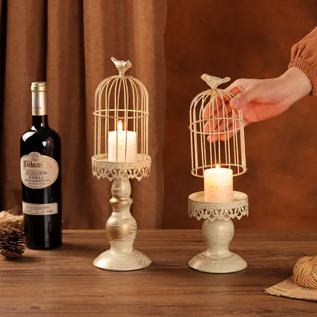 Vintage Distressed White Birdcage Candle Holder Set, Metal Pedestal Candlestick for Wedding Table Centerpiece Decor