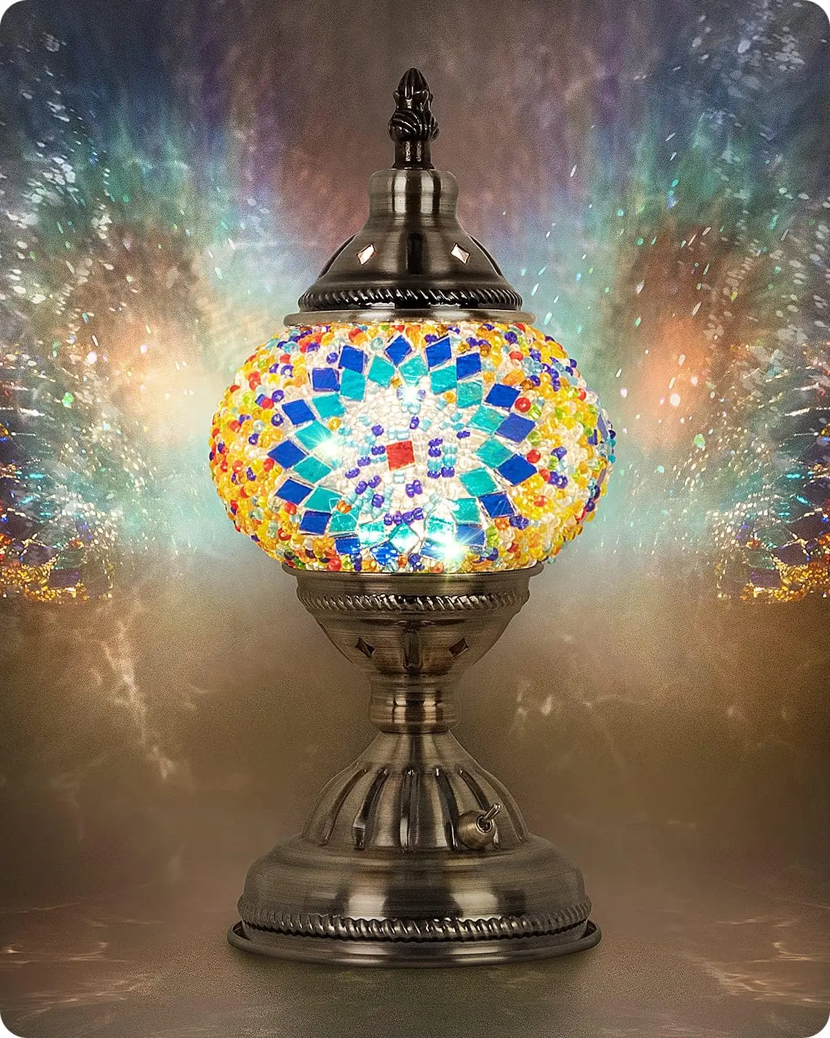 Yarra-Decor Turkish Moroccan Lamp with Bronze Base Handmade Tiffany Mosaic Glass Lamps Portable Bedside Lamps with Rechargeable Battery 2000mAh (LED B