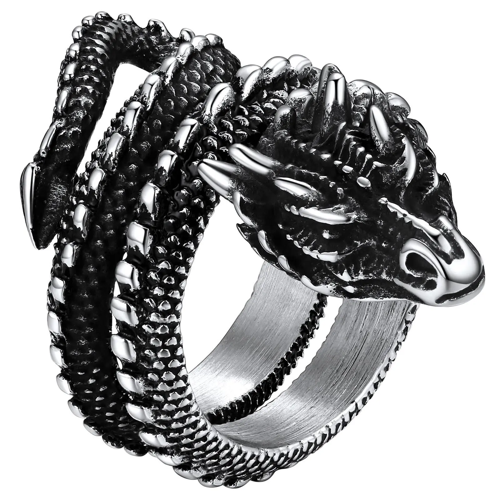 U7 Stainless Steel Dragon Rings for Men Women Black Retro 14K Gold Color Vivid Animal Dragon Wrapped Rings Cool Jewelry Gift