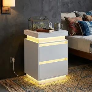 Modern White Nightstand with 2 Drawers App Controlled LED Lights Built-in USB Charging Station Hidden Sliding Top Design Multifunctional Bedside End Side Table Organizer for Bedroom Living Room Home Office