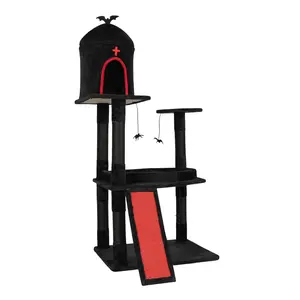 Halloween Cat Tree, Indoor Gothic Cat Tree Tower with Sisal-Covered Scratching Posts & House Cave & Coffin Shaped Platform Beds, 53 inch Tall Kittens Pet House w/Hanging Spiders, Black & Red