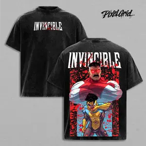 Invincible Omni-Man vs Mark Grayson Graphic Tees, Invincible War Comic TV Series Merch, Limited Double Printed Oversized Acid Washed Heavy Cotton T-Shirt, Y2K Streetwear Fit, Unisex Graphic, Casual Superhero Apparel