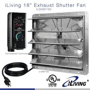 iLIVING ILG8SF18V-ST 18" Wall Mounted Shutter Exhaust Fan, Automatic Shutter, with Thermostat and Variable Speed controller, 0.85A, 1736 CFM, 2600 SQF Coverage Area Silver
