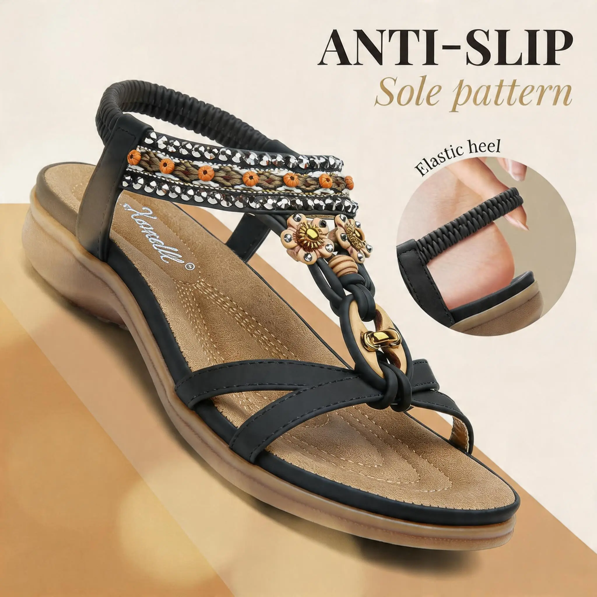 Women's Fashionable Summer Bohemian Trending Sandals, Lightweight Strappy Sandals, Boho Style Black Flat Sandals for Summer Beach Vacation, Versatile Shoes for Women & Girls