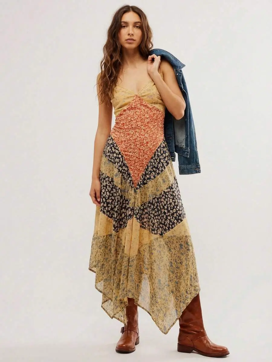 ESENON Dark Orange Summer Boho Vacation Holiday Women's Spaghetti Strap Floral Patchwork Asymmetric Hem Backless Dress Bohemian Music Festival Cinched Waist