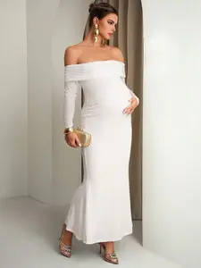 LAMIKA Monochrome Bare Collarbone Pregnancy Gown Infant Celebration Coquette Vibe