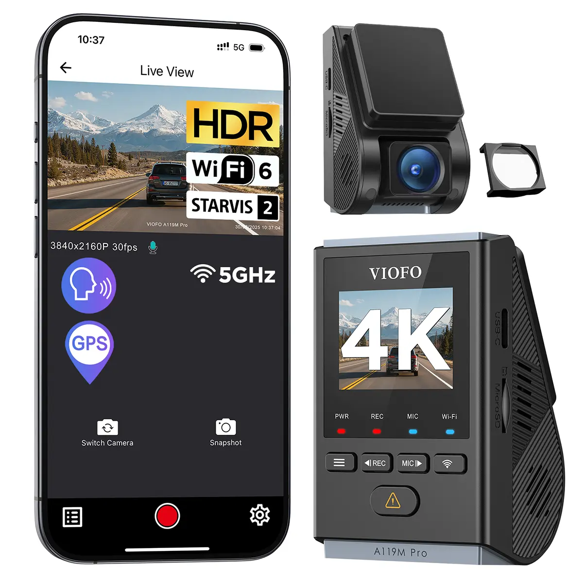 VIOFO A119M Pro 4K HDR MINI Dash Cam, STARVIS 2 IMX678 Sensor, Front Dash Camera for Cars, Wi-Fi 6, Quad-Mode GPS, Voice Control, Night Vision 2.0, 24H Parking Mode, Supercapacitor, Supports 512GB Max