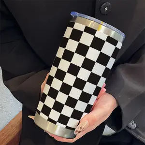 20oz Chessboard Insulated Cup with Lid, Simple Pattern, Inspirational Mug for Women, Ideal for Cold Drinks and Ice Cubes, Tumbler with Lid