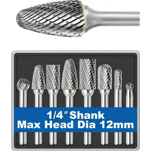 8 count Carbide Burr Set 1/4 Shank w/Clear Box Max  Dia 12mm   Bits Rotary Tools Attachment Kit Rasp Accessories Metal  Stone Steel Grinding Deburring  Porting Carving