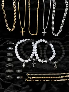 Men's Stainless Steel Jewelry Set, Geometric Pattern Necklace & Bracelet, Casual Daily Wear Accessories, Perfect Gift for All Seasons