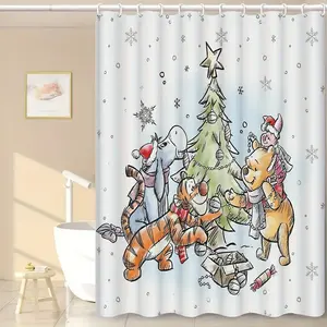 DISNEY CLASSIC Winnie the Pooh Christmas Shower Curtain - Festive Holiday Bathroom Decor with Snowflakes & Tree Design, Perfect for Home, Camping, Office & Holiday Gift, Cartoon Character Decor, Christmas Bathroom Decor, waterproof