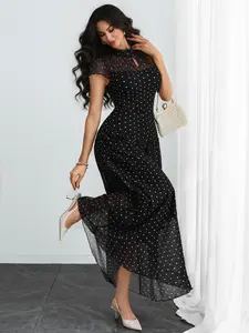 Women's French Romantic Polka Dot Dress, Elegant Vintage Short Sleeve Mesh Patchwork Skirt, Stand Collar Office Dress, Slim Fit Casual Style