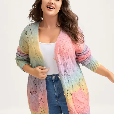 BloomChic Women's Plus Size 2-Tone Ombre Cardigan - Long Sleeve Tops Women, V-Neck, Medium Length, Low Stretch for Steady Fit, 56% Polyester-Acrylic-Nylon Blend, Pockets, Eyelet Trim, Soft Wear, Low Iron, Size 12/L Affordable Knitwear, Multicolor