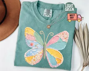 Comfort Colors Faux Patchwork Butterfly PRINT T-shirt, Spring Butterfly Shirts, Easter Shirts For Women, Floral Spring Patchwork, Gifts For Her