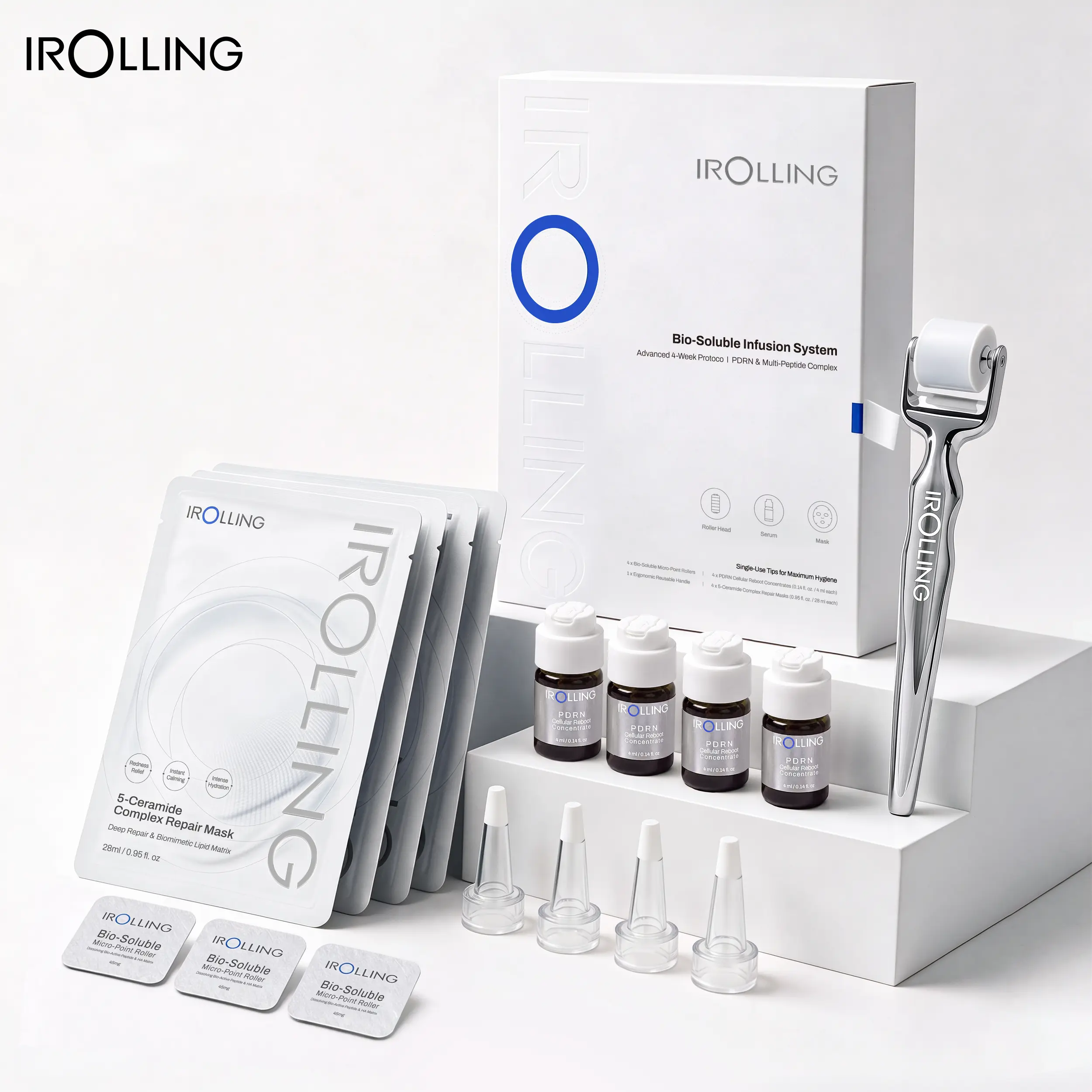 IROLLING At-Home 4-Week Skincare Kit with Single-Use Bio-Soluble Roller Tips, PDRN Concentrates and 5-Ceramide Complex Sheet Masks (4 Each)