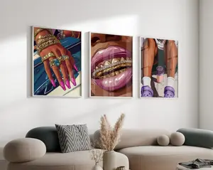 Set of 3 Black Woman Art,Minimalist BLM Art,Feminine Black Girl Art,Black Female,Grill Art,Melanin Art,Black Woman Grills Wall Art Poster Unframe