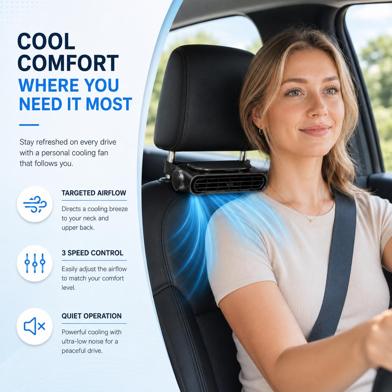Car Backseat Fan, USB Powered Car Seat Headrest Fan, Strong Wind & Quiet, Summer Car Air Cooler for Kids Adults