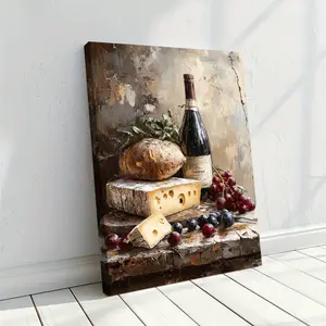 1 Piece Farmhouse Kitchen Wall Art - Wooden Frame Canvas Painting, Depicting Cheese, Wine, Bread, and Grapes, Handcrafted Vintage Style, Suitable for Christmas and Halloween Decorations, Perfect for Living Room or Dining Room, Kitchen Wall Decoration|Rust