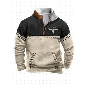 Men's Vintage Western Zip-Up Jacket with Bull Head Print, Black & Tan Design, Stand Collar, Long Sleeve, 1/4 Quarter Zip, Lightweight Polyester Blend, Casual Sporty Style, Outdoor Apparel |       Sporty Zipup |       Fake Finish