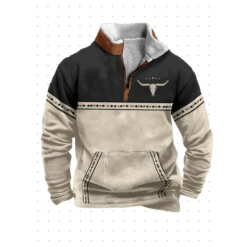 Men's Vintage Western Bull Print Quarter Zip Jacket - Black & Tan, Collared Neck, Long Sleeve, Lightweight Polyester Blend, Geometric Fake Finish, Casual Outdoor Menswear Coat