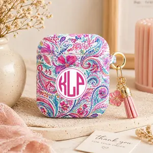 Personalized Tropical Floral AirPods Case, Pink Paisley Monogram Custom, Girly Aesthetic Cute AirPods Pro Gen 1 2 3 4 Cover, No Keychain