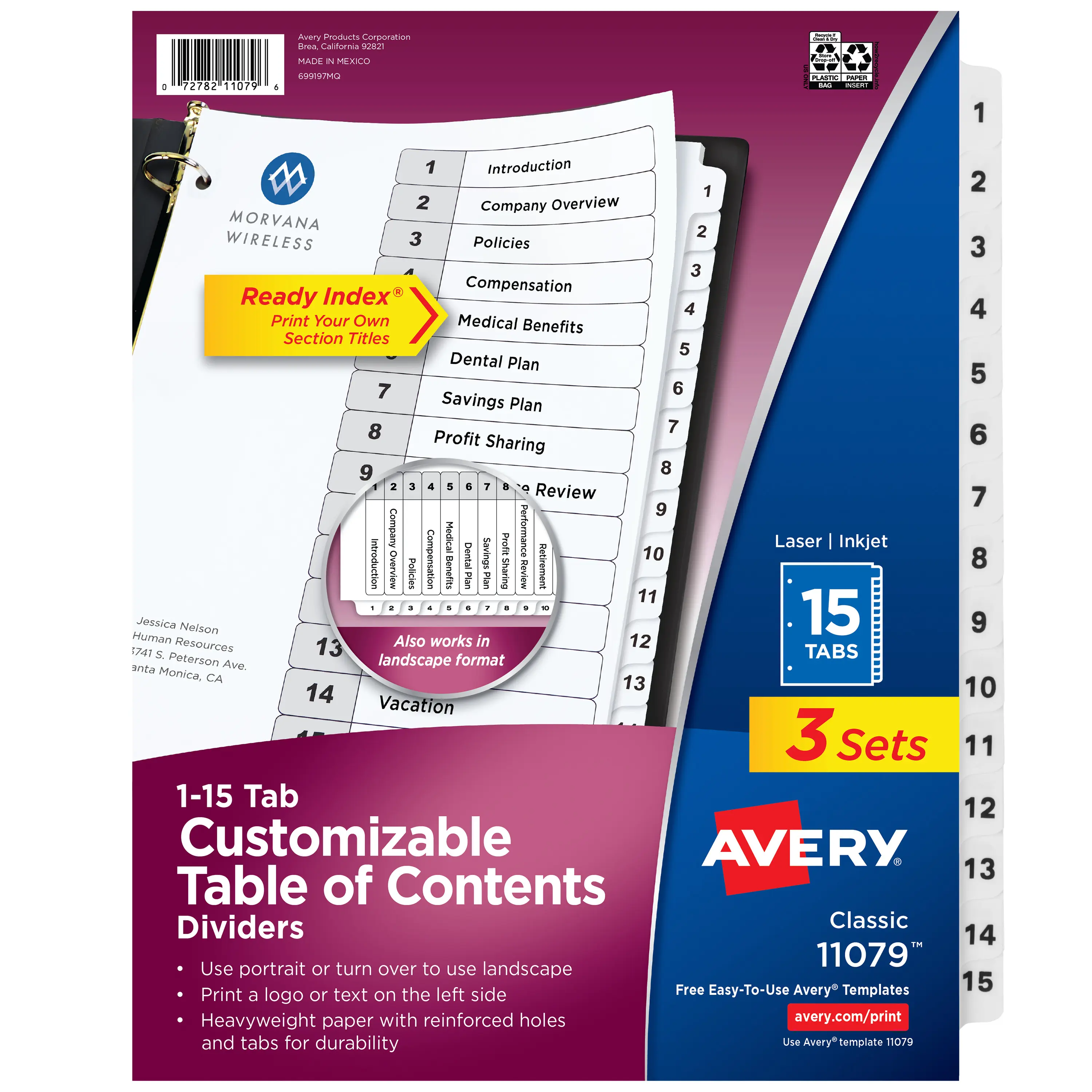 Avery Binder Dividers with Tabs for 3-Ring Binders, Office Accessories, 15 Preprint Tabs per Set, Customizable Table of Contents, Heavyweight Paper, Classic White, 3 Sets of 11079, Ideal for Classrooms, 15 Tabs Per Set