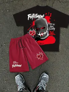 Men's Geometric Pattern Loose Fit Two-Piece Set, Casual Street Style Streetwear Men's Clothing, Comfortable Daily Wear