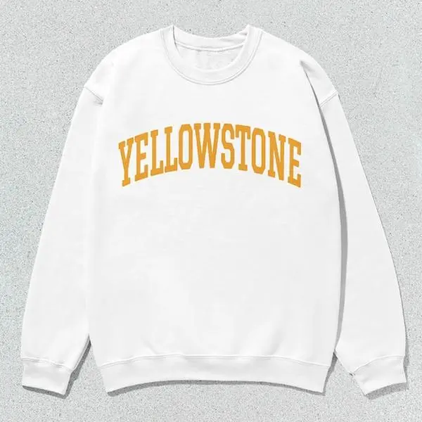 Yellowstone Collegiate Sweatshirt, Unisex Casual Long Sleeve Crewneck Pullover, Soft Graphic Print Tops, Round Neck, Comfortable Wear, Preppy Casual, Clothes, Slogan Print, Soft Fabric, All Seasons, Crew Neck
