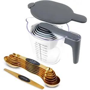 18 Pieces Measuring Cups and Spoons set, Includes 10 Stackable Measuring Cup with Lid and 8 Magnetic  Spoons, for Liquid and Dry Ingredient, BPA Free (Golden)