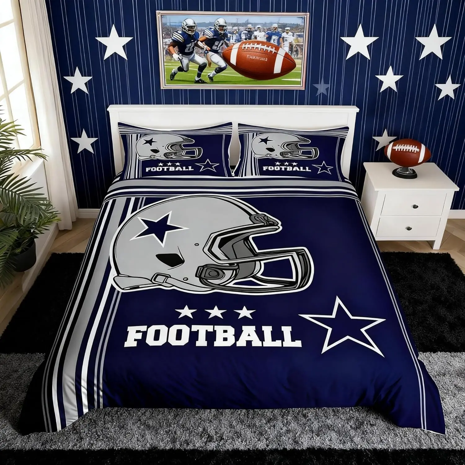 American Football Duvet Cover Set,Western Texas Star Cowboy Football Sports Bedding Set Men Room Decor,Rugby Helmet Geometric Stripes Comforter Cover,Blue Quilt Cover