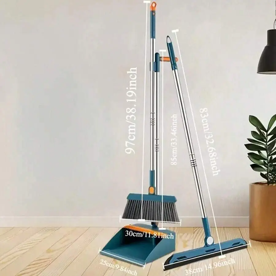 3-Piece Upgrade Broom and Dustpan Set, Self-Cleaning with Dustpan Teeth, Indoor&Outdoor Sweeping, Ideal for Dog Cat Pets Home Use, Stand Up Broom and Dustpan (Gray&Orange)