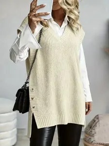Women's V Neck Plus Size Long Sweater Vest, Casual Fall Winter Knit Pullover, Irregular Hem Button Up Top, Pair with Skinny Pants, Everyday Piece