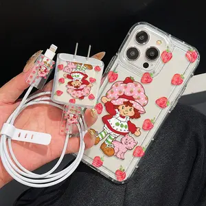 5 Piece Set Transparent Strawberry Doll Charger Head Cover Cable Protector Storage Rope Anti-Drop Tpu Case for iPhone 6-17 Pro Max Accessories