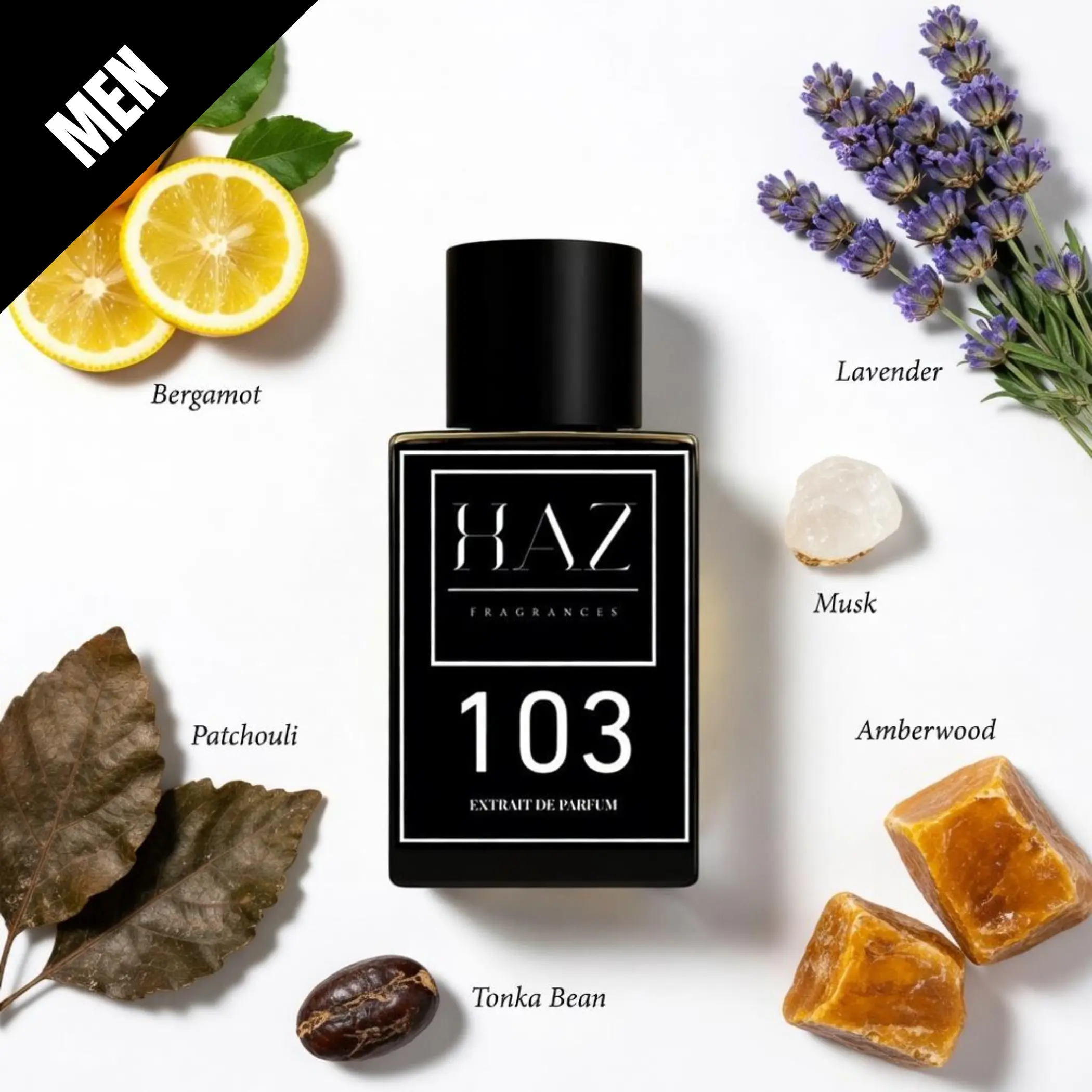 HAZ-103 Men's Extrait de Parfum - Clean, Modern Scent with Fresh Citrus, Soft Florals, Warm Woods, Smooth Amber - Elegant, Confident Edge, Ideal for Everyday Wear