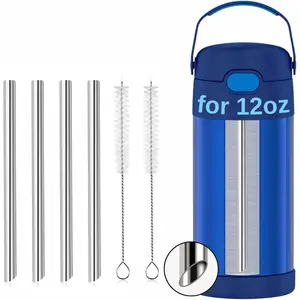 Short Metal Straws for THERMOS FUNTAINER  12OZ,  Stainless Steel Replacement Straws, Compatible with , Small Glasses or Cups (4 Pcs + 2 count Cleaning Brush)
