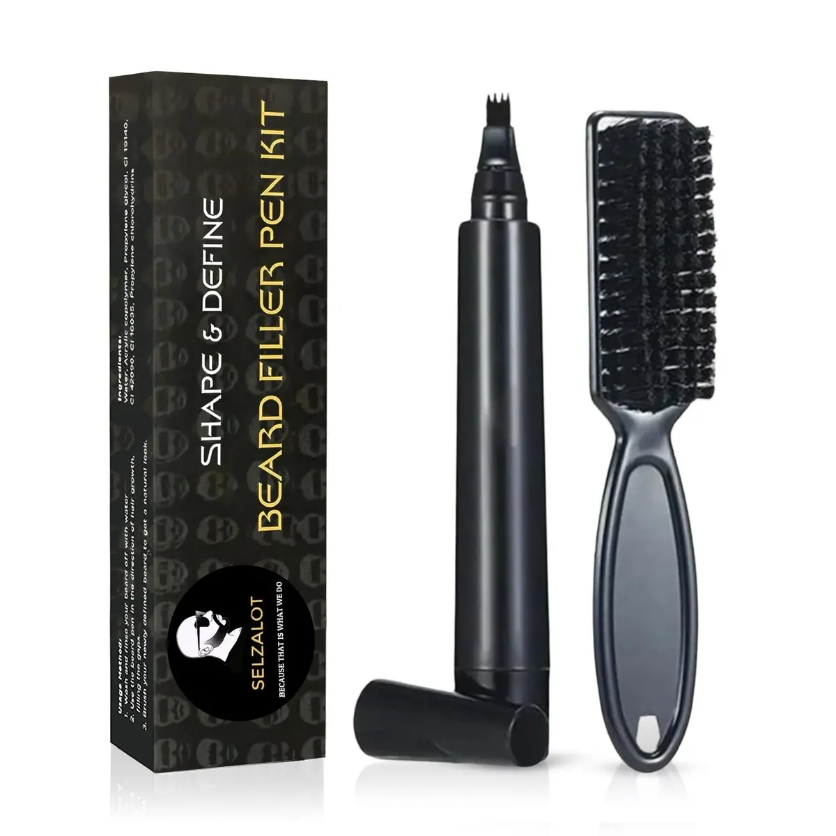 2 Pack SELZALOT Beard Pencil Filler for Men, 4-Tip Pen Kit Black - Waterproof, Sweat-Proof, Long-Lasting Coverage for a Fuller Beard with Brush