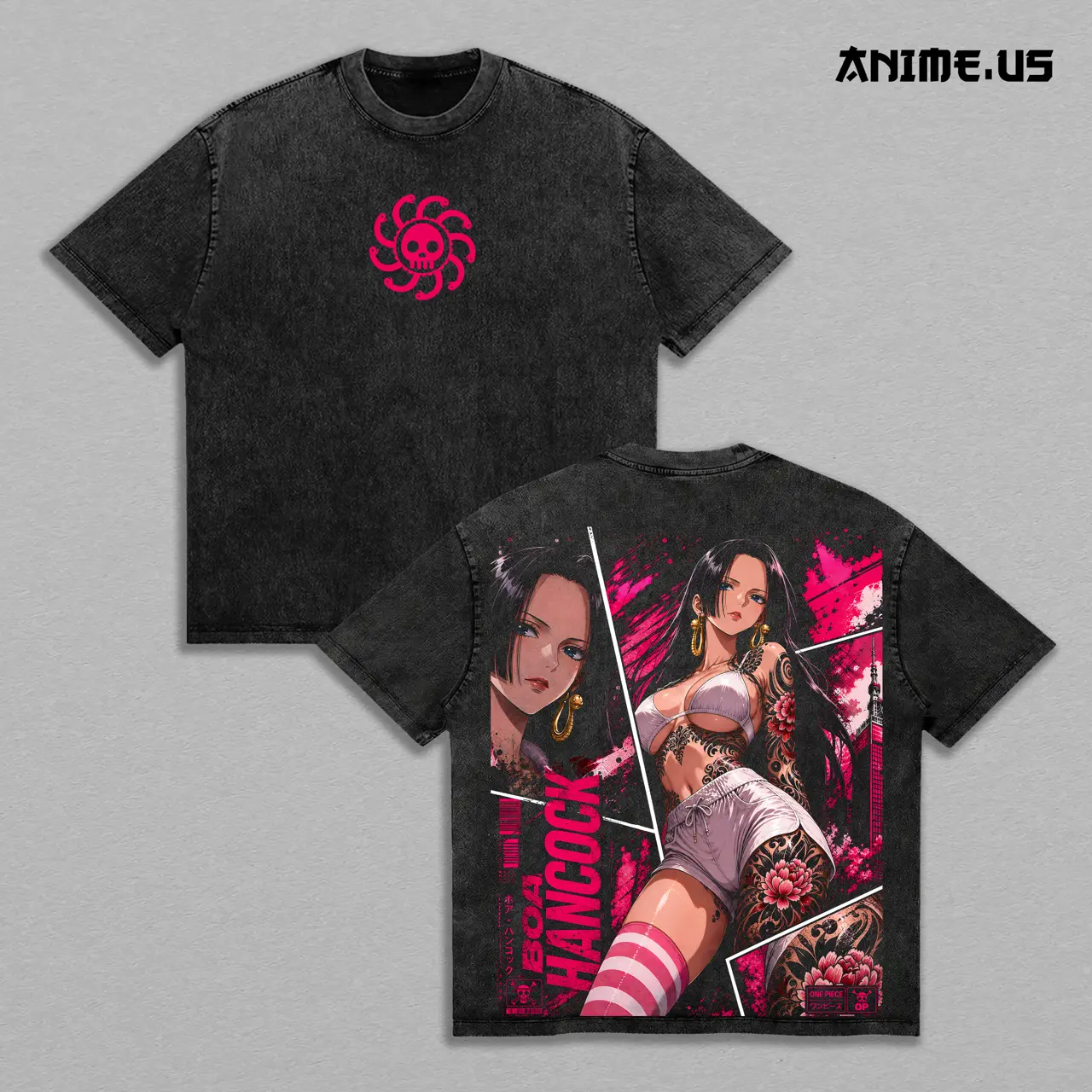 Boa Hancock OP Pirate Empress Vintage Washed Anime Shirt, Queen Confidence Floral Tattoo Femme Power Graphic Tees Men Large Back Print Streetwear Apparel Classic