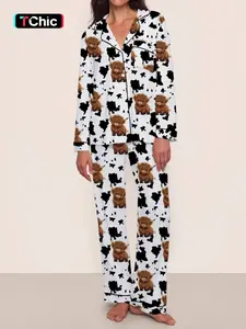 【Highland cattle】Women's Cartoon Cow Animal Print Pajama Set, Long Sleeve & Pants, Elastic Waistband, Comfortable Homewear Loungewear, Fall Winter, Nightwear, Pjs