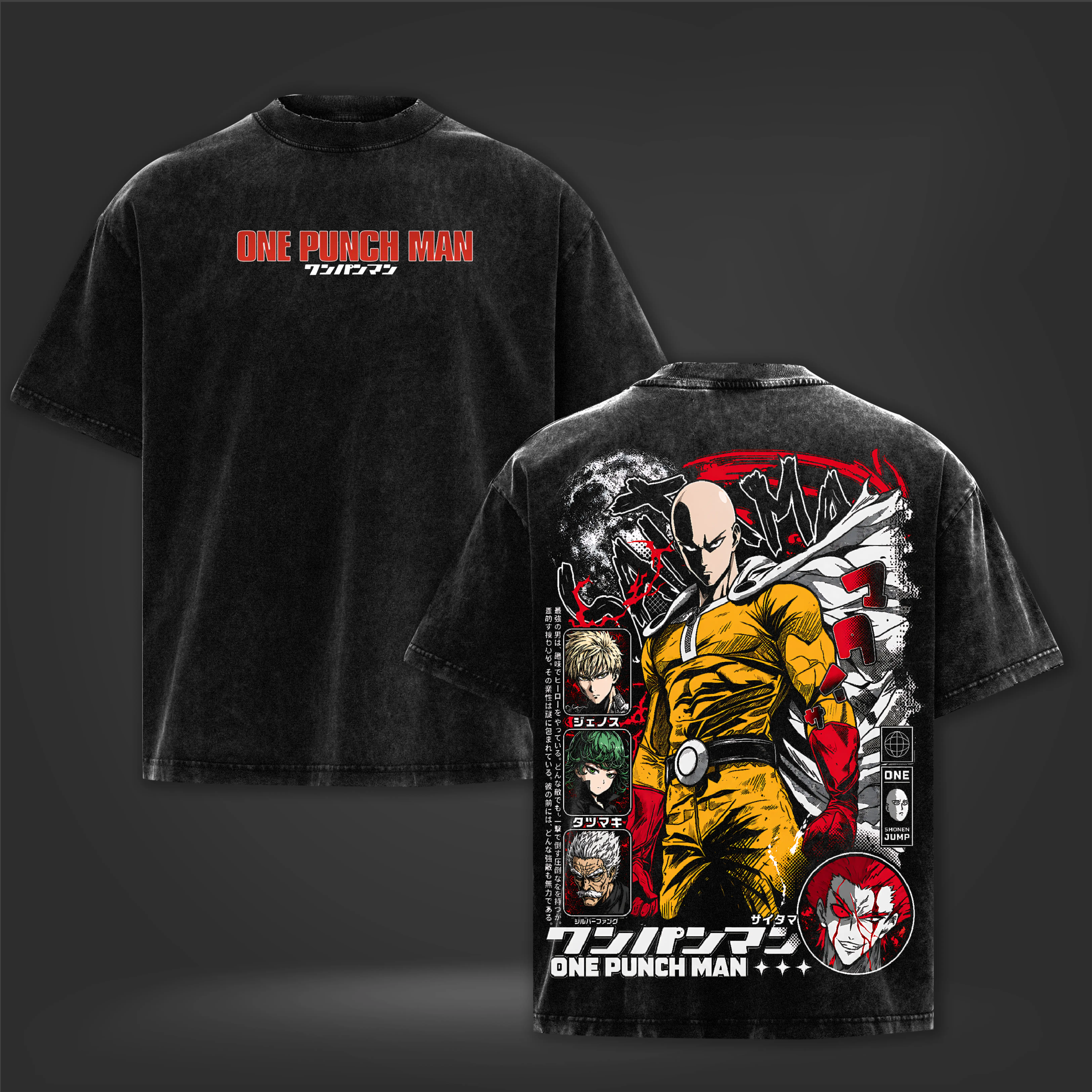 Men's 1 Punch Man Saitama Heroes-Villains Vintage Washed Black Graphic T-Shirt, Unisex Front-Back Print Anime Streetwear Tee