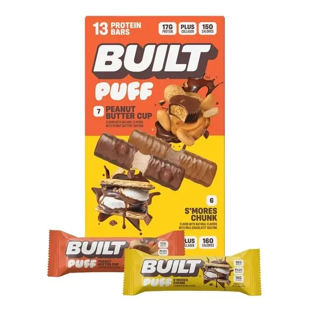Built Bar High Protein Snacks - 13ct Variety Pack (Peanut, S’mores Flavors), 15g Protein Per Serving, Gluten-Free, Low Sugar, Adult Health & Fitness Nutrition Supplement, Protein Bars