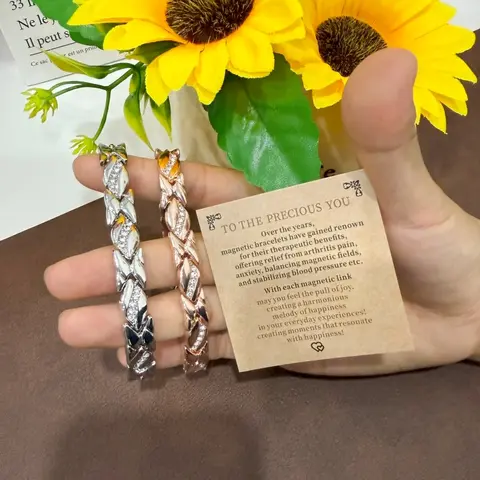 Women's Leaf Bracelet Pure Copper with Diamonds Magnetic Optics 3500 Gauss Effective Force Elegant Safety Clasp Gift  Magnetic Bracelet Mixed Texture Cuff