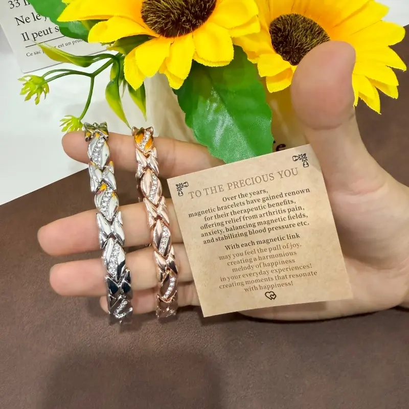 Women's Leaf Bracelet Pure Copper with Diamonds Magnetic Optics 3500 Gauss Effective Force Elegant Safety Clasp Gift  Magnetic Bracelet Mixed Texture Cuff