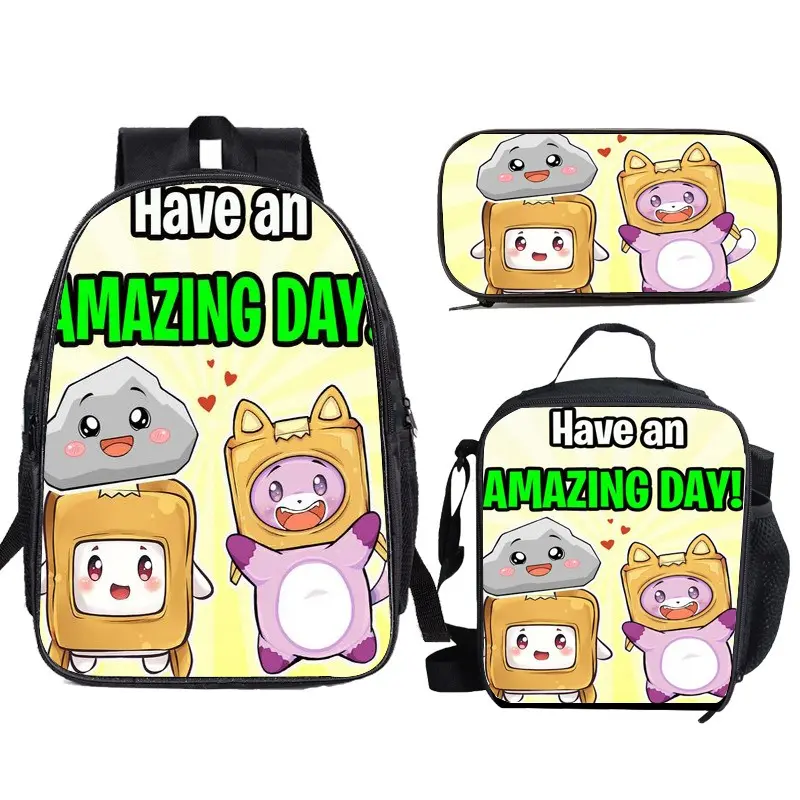 Lankybox Anime Backpack Set 3 Pieces with Lunch Bag and Pencil Case for Women Men, Fashion Daypack, Classic High Backpack for Teens, Travel Laptop Backpacks