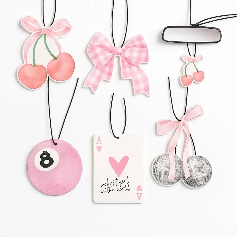 Girly Car Air Freshener with Cherry and Bow Designs - Pink and Silver Decorative Elements - Unique Aroma Enhancer for Your Vehicle